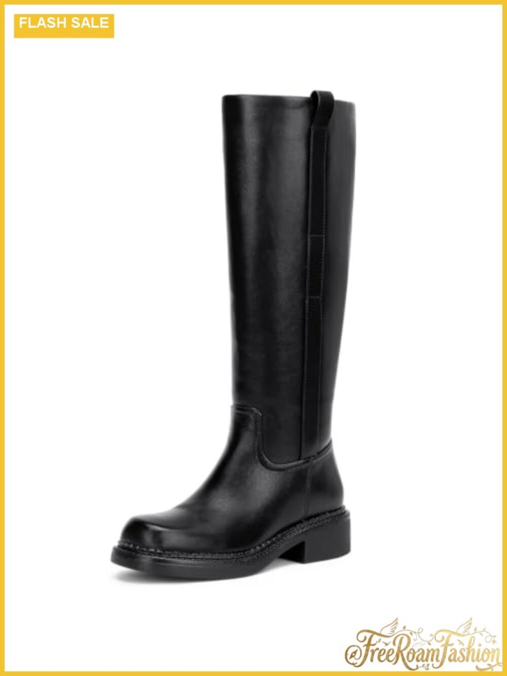 Faux Leather Knee High Boots Square Toe Chunky Low Heel Side Zip
